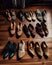 A bunch of different types of no-pair shoes on a wooden floor. AI generative image