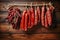 A bunch of different types of sausage hanging on a line. Dried and smoked sausage of various varieties. Wide range of meat