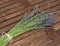 A bunch of flowering lavender stems laid on a garden table