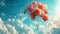 Bunch of flowers and balloons flying in the bright sky with clouds product placement