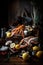 A bunch of food that is on a table. AI generative image. Still life.