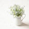 Bunch of forget-me-nots in vase on white background. Romance con