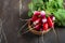 Bunch of fresh colorful radishes on old rustic wooden table.