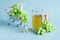 Bunch of fresh grapes next to a miniature supermarket cart, funny toy kittens and a clear glass of grape juice. Blue pastel