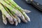 Bunch of fresh green asparagus on a dark slate background, horizontal