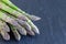 Bunch of fresh green asparagus on  dark slate background, horizontal, copy space