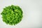 Bunch of fresh, green batavia lettuce salad head top view isolated on white background with copy space. Crinkled leaves bio crop
