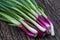 Bunch of fresh green onions on a feather on an old wooden table