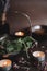 Bunch of fresh mint in a metal rustic vintage old bowl on a wiccan witch altar.