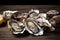 Bunch of fresh oysters on wooden table. Oysters for sale at the fish market. Generative AI