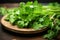 A bunch of fresh, vibrant green parsley on a thin wooden plate with a slightly blurred background
