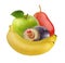 Bunch of fruit: banana, green Apple, purple plum, pear. isolate