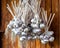 A bunch of garlic is suspended on the street against the background of a wooden wall. Dried garlic harvest, rustic