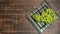 Bunch of grapes lying on a plate, top view