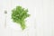 A bunch of green arugula in a white plate on a light background