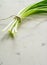 A bunch of green spring onions tied with a rope on a light stone background.