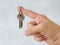 Bunch of house keys on a ring hanging on a finger of a caucasian woman hand with an open palm. To lend a hand with key and to give