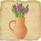 Bunch of hyacinths in a clay pot on old paper