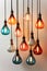 A bunch of isolated Vintage light bulbs hanging from a ceiling