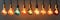 A bunch of isolated Vintage multi color light bulbs hanging from a ceiling. Panoramic image