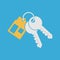 Bunch key icon with trinket. House key chain with two keys on blue background. Vector