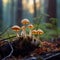 Bunch of mushrooms growing in a green mossy forest. AI-generated.