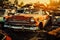 A bunch of old cars in a junkyard stacked on top of each