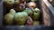 A bunch of pears and apples in the fruit grinder machine, Man empty the bucket of fruits in wooden fruit mill in garden