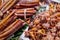 Bunch pile of fresh Razor clams and shells at fish market.  Navajas clams. Selective focus. Bokeh