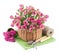 Bunch pink roses in basket with garden tools