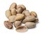 A bunch of pistachios on a white isolated background. Top view.