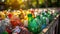 A bunch of plastic bottles are lined up in a row, AI