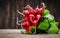 Bunch radish in wooden box at background