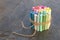 Bunch of rainbow colored pastel crayons on a natural stone desk. Education concept