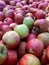 A bunch of red apples. fresh apples on the market shelf Close-up.