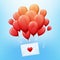 Bunch or red balloons with love letter envelope