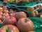 Bunch of red Fuji apples in apple trays at the supermarket.