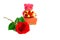 A bunch of red petals of Rose with green leaves, a red gift box with golden ribbon and a pink bear, symbol for valentines day