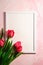 Bunch of red tulip flowers with picture frame template on textured pink background