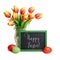 Bunch of red tulips with yellow tops, chalk board and colored Ea