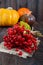 A bunch of red viburnum, a few pumpkins on a dark wooden background.