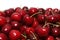 A bunch of ripe cherries with peduncles lies on a white background. Large collection of fresh red cherries. Ripe cherries