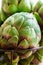 Bunch of ripe organic artichokes, green and purple color in metal basket on wood kitchen table, close up