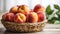 Bunch of ripe organic peaches in a wicker bowl, white wooden table background. Local produce fruits in a basket. Clean eating