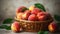 Bunch of ripe organic peaches in a wicker bowl, white wooden table background. Local produce fruits in a basket. Clean eating