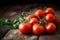 Bunch of ripe tomatoes on a rustic table, closeup, copy space, generative AI.