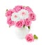 Bunch of roses in a vase, vase with beautiful red roses on white, bouquet of blossoming pink roses in vase