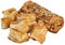 Bunch Of Small Square Sesame Puff Pastry Zu-Zu And Integral Bread Loaf With Sunflower Seeds Isolated On White Background