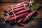 A bunch of smoked sausages in packaging on a wooden table. Appetizing homemade sausages. Wide selection of homemade farm meat
