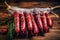 A bunch of smoked sausages in packaging on a wooden table. Appetizing homemade sausages. Wide selection of homemade farm meat